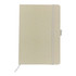 A cream-coloured cotton notebook with a white elastic band and a logo on the cover.