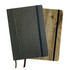 A5 wood look notebooks in dark and light wood finishes, featuring elastic bands and ribbons for secure closure.