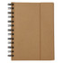 A brown spiral-bound notebook with a textured cover and a band to secure it.