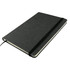 A black notebook featuring a textured cover, an elastic band, and a ribbon bookmark. It has a logo on the cover.