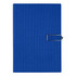 A blue notebook with a textured cover and an attached metal clasp, featuring a logo on the front.