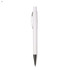 A white plastic pen with a silver clip and tip, featuring a simple, sleek design and a logo.