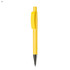 A yellow plastic pen with a click mechanism and a shiny silver tip. It has a simple design and a logo on the barrel.