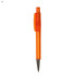 An orange plastic pen with a transparent barrel and a clip, featuring a silver tip and a branding logo.