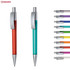 A selection of plastic pens in red, teal, and various other colours, featuring silver accents and a logo.
