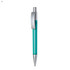 A turquoise plastic pen featuring a silver clip and a branded logo on the barrel.