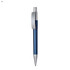A blue plastic pen with a silver clip and nib, featuring a sleek design and a logo.