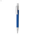 A blue plastic pen with a silver clip and a sleek design, featuring a logo near the top.