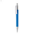 A blue plastic pen with a silver clip and tip, featuring a simple design and a branding logo.