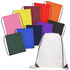 A collection of drawstring bags in various colours including pink, yellow, green, blue, black, and white, featuring logos.