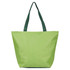 A green tote bag with dark green handles, featuring branding on the front. 