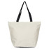A beige tote bag with black handles. The bag has a simple design and features a logo.
