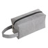 A grey nylon cosmetic bag with a zip closure and a convenient handle on the side.