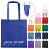A blue non-woven tote bag with a gusset, featuring handles and a logo, surrounded by bags in various colours.