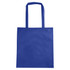 A blue non-woven reusable grocery bag with two handles and no gusset, featuring a logo.