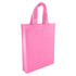 A pink non-woven tote bag featuring two handles and a simple design, with a branding logo.
