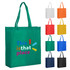 A green reusable grocery bag with two handles, featuring a logo, alongside bags in white, orange, red, yellow, blue, and black.