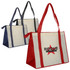 A large zipped shopping bag in red, navy, and charcoal, featuring a logo on each. Ideal for reusable grocery use.