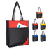 A non-woven reusable grocery bag in black, red, orange, yellow, and blue, featuring a large front pocket and two handles.