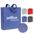 A blue patterned non-woven tote bag with handles and a logo, accompanied by grey, red, and black versions.