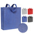 A blue tote bag made from patterned non-woven material, with grey, red, and black options displayed. Features handles and a logo.