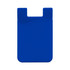 A blue mobile phone wallet with a curved design and a slot for cards. It has a logo on the front.