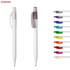 A selection of plastic pens in various colours, featuring a white body with coloured tips and a logo.