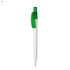 A white plastic pen with a green cap and clip, featuring a logo on the body.