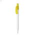 A plastic pen with a white barrel and bright yellow cap. It features a logo on the barrel.