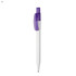 A white plastic pen with a purple clip and cap, featuring a logo on the barrel.