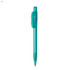 A plastic pen in a bright teal colour with a clear barrel and a clip attachment. The pen has a branding logo.