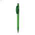 A green plastic pen with a transparent barrel and a clip. The pen has a logo on its side.