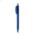 A plastic pen in blue with a clip and silver detailing, featuring a smooth rounded tip.