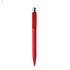 A red plastic pen with a shiny silver tip and a logo on the barrel.