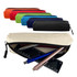 A variety of canvas tube pencil cases in red, orange, green, blue, black, and cream, with pens and a ruler inside.