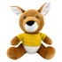 A plush kangaroo toy in brown with a yellow shirt and white belly, featuring a cute face and large ears.