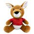 A soft, brown kangaroo plush toy wearing a red shirt and white bottom, featuring large ears and a friendly smile.