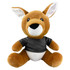 A plush kangaroo toy in brown and white, wearing a grey shirt, featuring a logo on its clothing.
