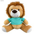 A plush lion toy with a tan body, brown mane, and wearing a light blue shirt.