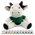 A plush cow toy in black and white with a green shirt, featuring a friendly smile and small horns.