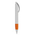 A plastic pen in white with an orange grip, featuring a loop for attachment and a logo on the body.