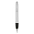 A plastic pen in white with a black grip and a logo.