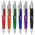 A collection of plastic pens in orange, green, blue, purple, and black, each with a silver clip and branding.