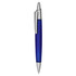 A plastic pen with a blue barrel and silver accents, featuring a clip and a logo.