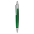 A plastic pen with a green barrel and a silver clip. It features a sleek design with a simple logo.