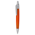 An orange plastic pen with a silver clip and tip. Features a branding logo.