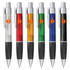 A collection of plastic pens in clear, red, orange, green, blue, and black, each with a clip and a branding logo.