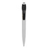 A plastic pen featuring a white barrel and a black cap, with a branding logo on the side.