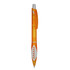 An orange plastic pen with a transparent barrel and a white grip, featuring a clip and branding.
