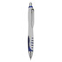A plastic pen in white and blue, featuring a sleek design and a branding logo.